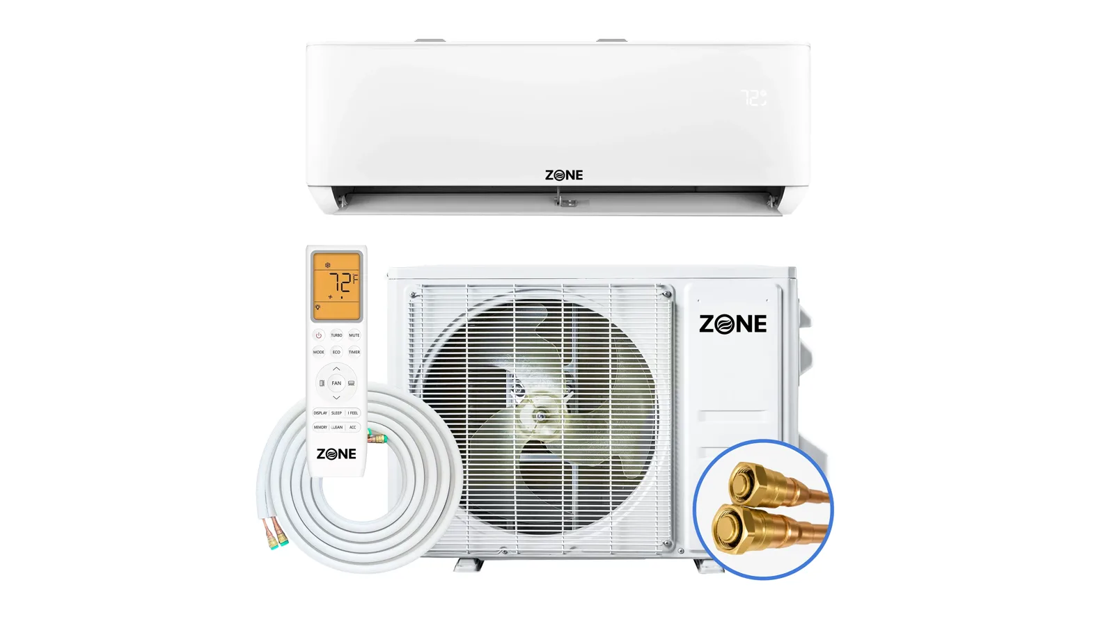Zone Air 115V mini split 9000 BTU wall unit, outdoor condenser, remote and pre-charged line set with quick-connect fittings