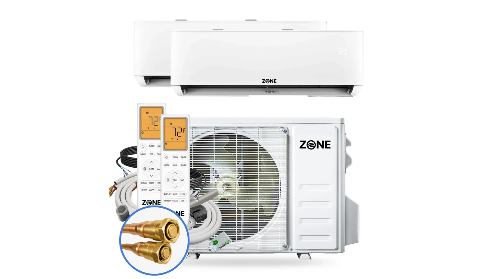 Zone Air DIY 2-zone mini split kit: two white wall-mount indoor units, the outdoor condenser, two remotes, pre charged line sets and brass quick connect fittings