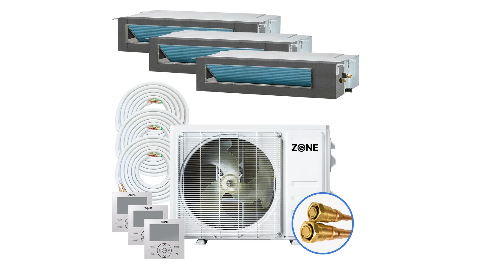 Zone Air multi zone concealed duct DIY mini split kit laid out before installation: three slim ducted air handlers, three coiled pre-charged line sets, three wired controllers and the 27K outdoor unit
