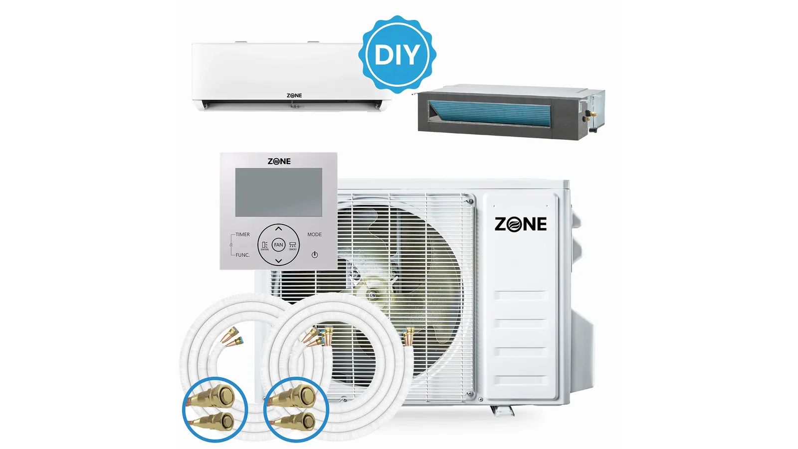 Zone Air DIY multi-zone mini split kit: a wall-mount indoor unit, a concealed ducted air handler, the outdoor condenser, a wired controller and two pre-charged quick-connect line sets