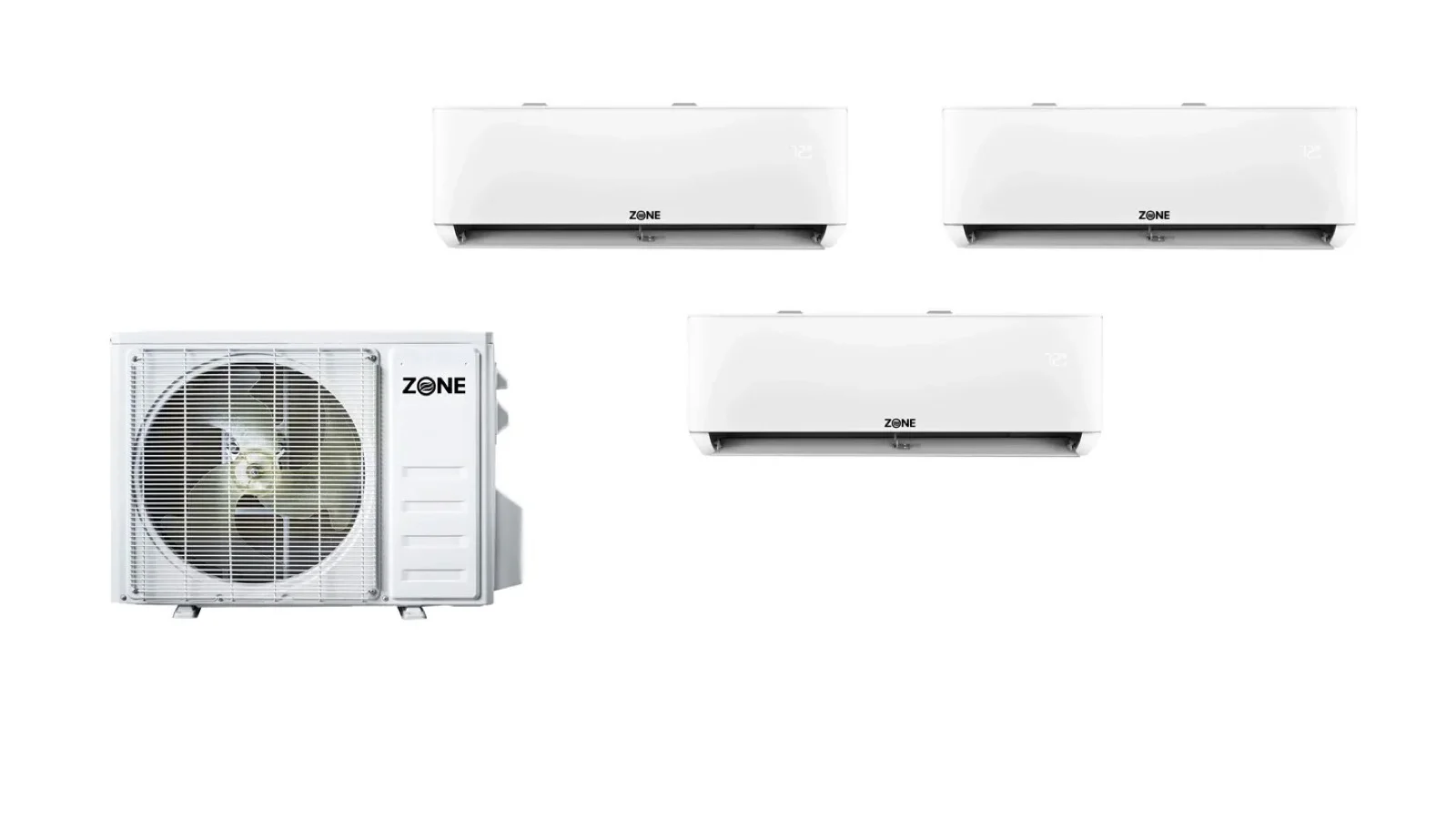 Zone Air multi zone mini split set: one outdoor condenser with three white wall-mount indoor units, an easy install DIY multi zone system laid out as a kit